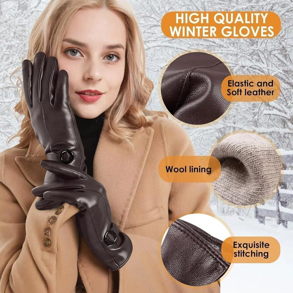 Women's Winter Leather Gloves Texting Warm Driving Lambskin Gloves Brown